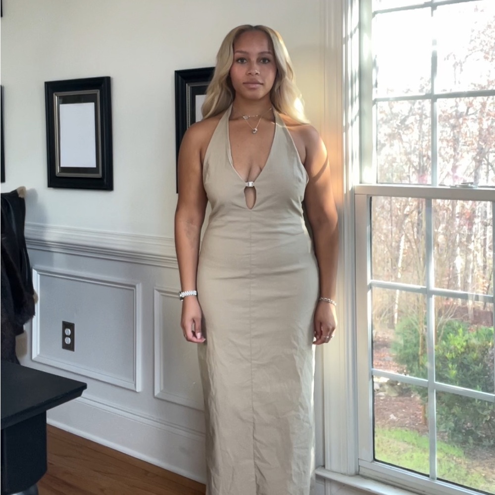 Zara Beige Backless Halter Dress